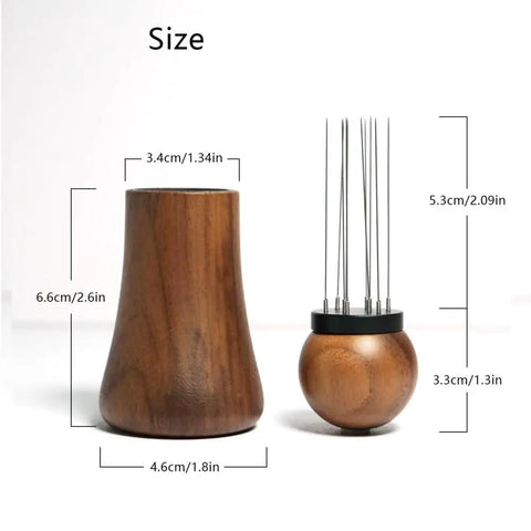 Precision Espresso Stirrer Needles With 0.4mm Stainless Tips And Natural Wood Handle, Includes Matching Stand, size dimensions shown.