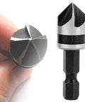 Close-up of 3-Piece Countersink Chamfer Drill Bit Set With 5-Flute 90 Degree Bits, One Quarter Inch Hex Shank, includes 12mm size bit