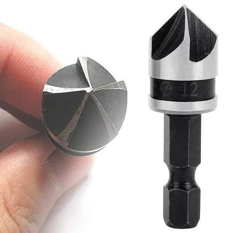 Close-up of 3-Piece Countersink Chamfer Drill Bit Set With 5-Flute 90 Degree Bits, One Quarter Inch Hex Shank, includes 12mm size bit