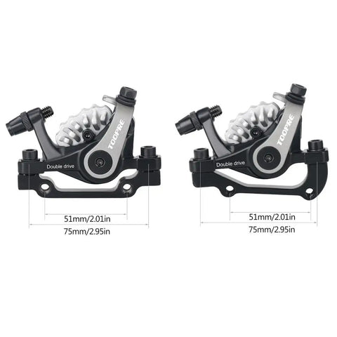 Beast Mode Mountain Bike Front Disc Brake Kit With Twin Piston Mechanical Caliper And Machined Aluminum Body Built Tough For Electric Bikes Knocking Out Rough Stops Smoothly, showing dual calipers with dimensions.