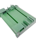 72x100mm DIN Rail Mount PCB Board for Arduino DIY Projects in green, side view showing insulated holes and dual pitch terminals.