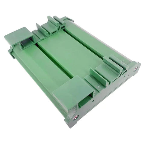 72x100mm DIN Rail Mount PCB Board for Arduino DIY Projects in green, side view showing insulated holes and dual pitch terminals.