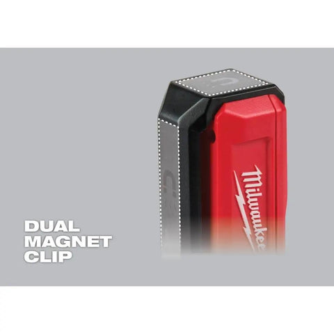 Close-up of red and black Rechargeable Magnetic Flood Light With Dual Clip USB Fast Charge 445 Lumens TRUEVIEW Output.