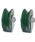Two green cast-iron V-groove pulley wheels with mounting brackets and bolts