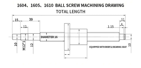 Top Tier SFU1605 Ball Screw Kit Featuring Heavy 1400Mm Rod And Ultra Quiet Single Nut Assembly. CNC ball screw machining drawing, 16mm shaft with BKBF12 bearing seat