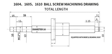 Get The Ball Screw Kit SFU1605 Single Nut End 800mm For Your CNC Build This High Load Efficiency Part Features Smooth Ultra Quiet Motion With An Easy Mount Design That Crushes Wear And Delivers Serious Power For Your Machine Shop Setup Today. machining drawing for 16mm ball screw, 800mm length, M12 end, BKBF12 seat