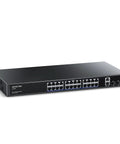 Front view of 24 Port Gigabit PoE Switch With 400W Budget, Two Uplink Gigabit Ports And Two 1G SFP Slots, metal case, network switch.