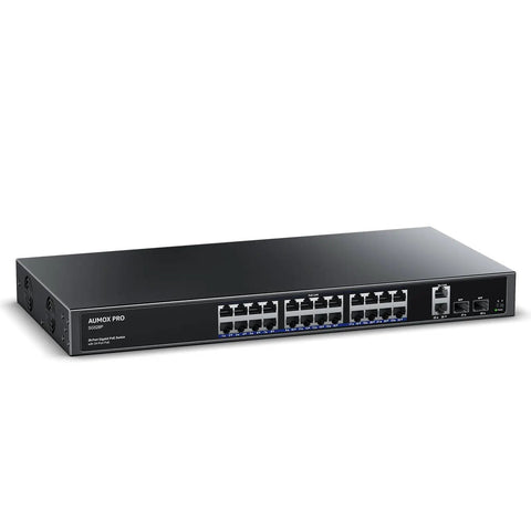 Front view of 24 Port Gigabit PoE Switch With 400W Budget, Two Uplink Gigabit Ports And Two 1G SFP Slots, metal case, network switch.