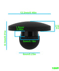 Side view of black 100x Rubber Feet Push In Knurled Bumpers For 1/4 Inch Holes with dimensions, No Tools Needed Press Fit design