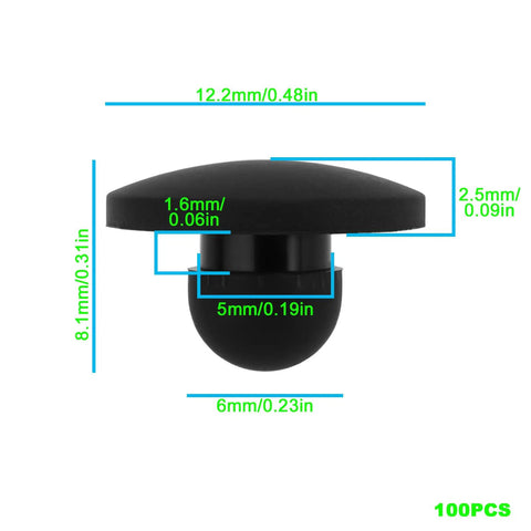 Side view of black 100x Rubber Feet Push In Knurled Bumpers For 1/4 Inch Holes with dimensions, No Tools Needed Press Fit design