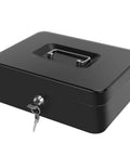 Sturdy Locking Cash Box With Pull Out Tray And Five Compartment Organizer Large Metal Safe Box For Cash Keys And Jewelry Black Sized 9.84 By 7.87 By 3.54 Inches