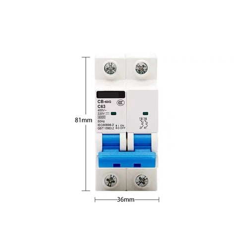 Beefy 125A 100A 80A Miniature Circuit Breaker With Ground Fault Protection For Ac 230V And Dc 60V Two Pole Electrical Safety Switch, front view with dimensions.
