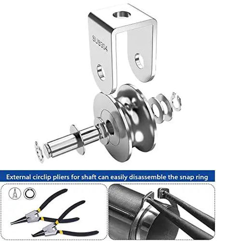 Rock Solid 2 Inch V Groove Pulley Pack Premium 304 Stainless Steel Cable Rollers with snap ring and bracket.