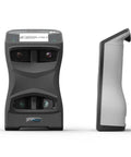 Front and side view of GCQuad Golf Launch Monitor with quadrascopic four camera system for precise ball and club head data.