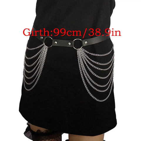 Edgy Layered Belly Chain Made From Distressed Leather And Antique Alloy Links, 99cm girth, stylish festival accessory.