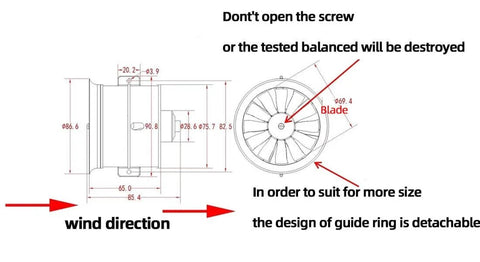 Technical diagram of 70mm EDF Ducted Fan RC Jet With 3400KV Brushless Motor 4S Or 3S Ready 12 Blades 80A ESC Balance Tested
