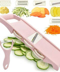 NACOLUS pink 5-in-1 mandoline slicer with peeler and interchangeable blades; cucumber slices shown.