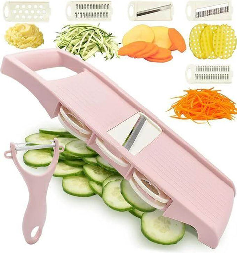 NACOLUS pink 5-in-1 mandoline slicer with peeler and interchangeable blades; cucumber slices shown.