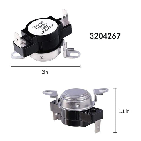 Dryer Heating Element Kit With Thermostat And Thermal Limiter Replacement Parts For Frigidaire And Electrolux Dryers AP4456656 PS2367792 AP4368653 DIY Ready Bundle, featuring two thermostat components with dimensions shown.