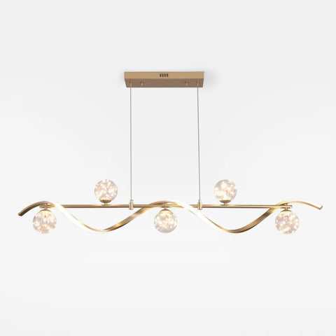 Modern Linear Pendant Light Set Featuring Six Glass Globe Shades Dimmable Gold Kitchen Island Fixture with wave design.