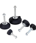 Rock Solid Adjustable Leveling Feet With Swivel Base And Smooth Glide Pads Heavy Duty Stainless Steel Articulating Screw Legs M8 Thru M24, showcasing various sizes and nylon glide pads.