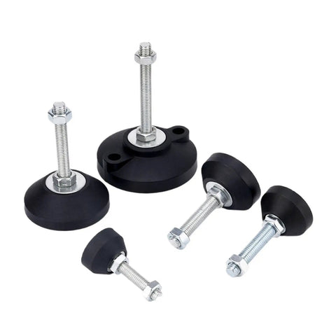 Rock Solid Adjustable Leveling Feet With Swivel Base And Smooth Glide Pads Heavy Duty Stainless Steel Articulating Screw Legs M8 Thru M24, showcasing various sizes and nylon glide pads.