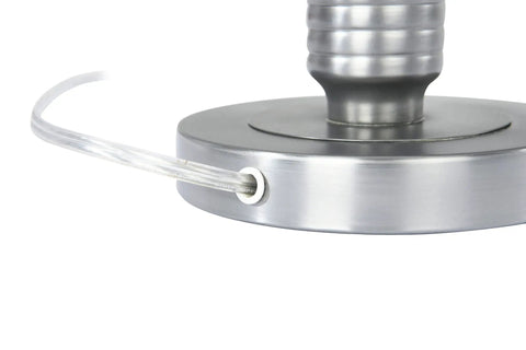 Detail of Faceted Metal Floor Lamp With Stacked Column Base, Aged Pewter Finish And Cream Linen Drum Shade power cable connection