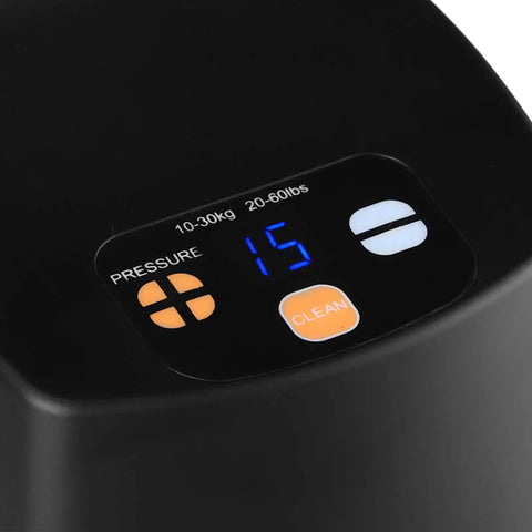 Top Shelf Electric Coffee Powder Tamper 58mm Portafilter Automatic Espresso Press control panel showing pressure settings.