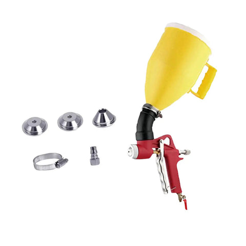 Pro Level Air Spray Gun Kit With Swap Out Three Liter And Six Liter Tanks featuring yellow container and silver nozzle attachments.