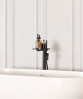 Matte Black Freestanding Bathtub Faucet With Shelf, Floor Mount Tub Filler, Handheld Brass Mixer, And Shower Faucets Kit