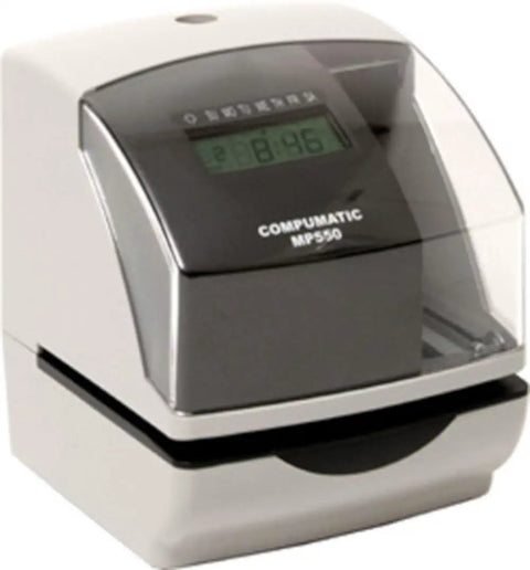 Slick Electronic Punch Clock And Hassle Free Document Stamper For Accurate Employee Time Cards Job Logs And Payroll Tracking Tight Workspace Setup Boss Level Rig in sleek black and silver design.