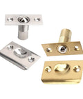 Stainless Steel Adjustable Roller Ball Door Catch Lock With Brass Finish, showing components in silver and brass colors.