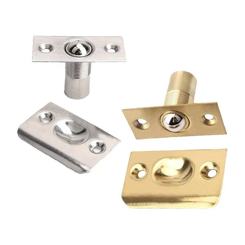 Stainless Steel Adjustable Roller Ball Door Catch Lock With Brass Finish, showing components in silver and brass colors.