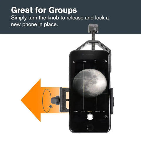 Universal Smartphone Adapter For Telescope Binoculars And Spotting Scopes Lets You Capture High Quality Photos And Video shown in use with a phone