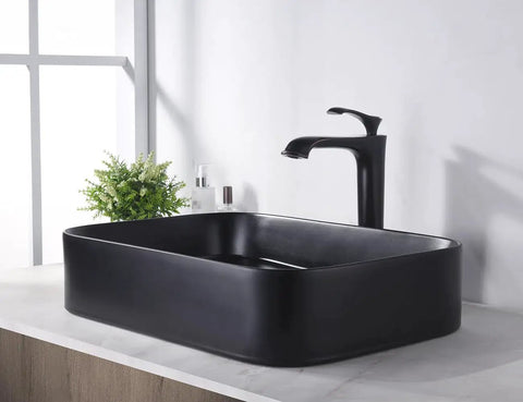 Rectangular Matte Black Vessel Sink Dope Modern Look 22x15 Inches, Top Mount Bathroom Vanity Basin on countertop