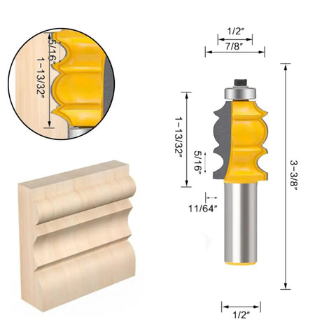 Workhorse One Half Inch Shank Router Bit Set, 10 Pc Woodworking Carbide Cutters For Doors Cabinets Tables Molding Drawer DIY CNC Projects, Includes Storage Box, Precise Cutter Set For MDF Solid Wood Plywood And More, showing a profile of a yellow router bit and molded wood sample with dimensions.