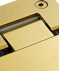 Close-up of Heavy Duty Brushed Gold Shower Door Hinges With Double Pivot Design and Anti Slip Gasket from 304 Stainless Steel.