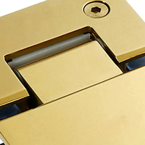 Close-up of Heavy Duty Brushed Gold Shower Door Hinges With Double Pivot Design and Anti Slip Gasket from 304 Stainless Steel.