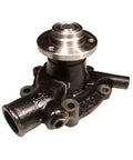 Heavy Duty Automotive Water Pump Featuring Premium Fiber Gaskets And Straight Up Plug And Play Installation Compatible With Small Block Chevy V8 Engines Replaces 115252 And Multiple Aftermarket Codes Built Tough Guaranteed To Run Cool All Day Long, showing glossy black cast iron body and metal rotor.