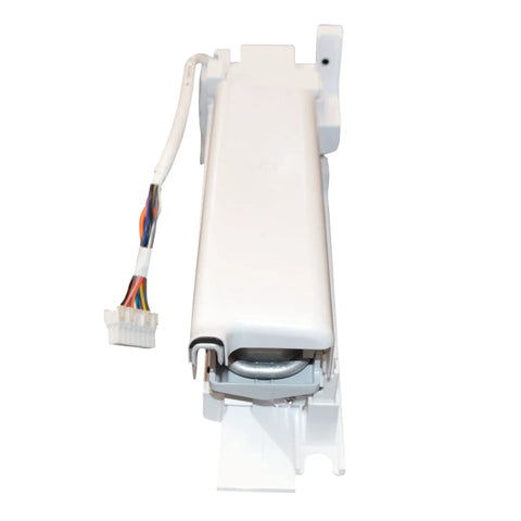 Front view of DA97-15217D Ice Maker Assembly Replacement for Refrigerator, Easy Install, white part with wiring harness.