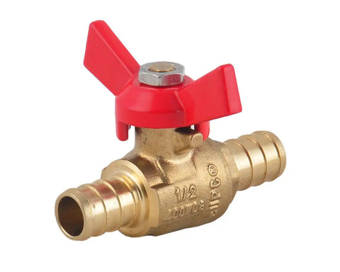 One Half Inch PEX Brass Ball Valve Two Pack With Red And Blue T Handle, DIY Friendly Shut Off PEX Barb Water Valve, durable 1/2 inch red handle