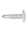 Close-up of a self drilling screw with round washer head in 304 stainless steel for wood and metal rust resistant M4 8x19 fasteners.