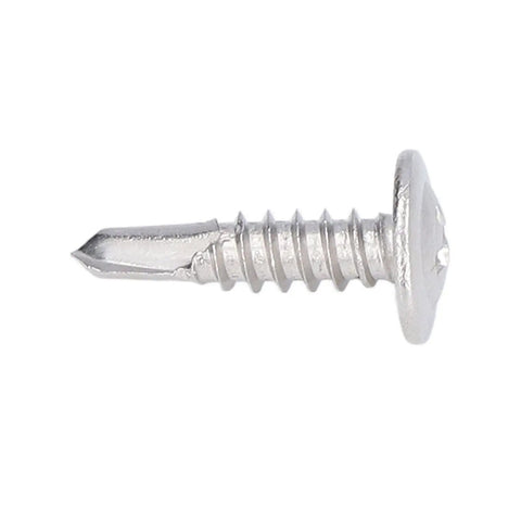 Close-up of a self drilling screw with round washer head in 304 stainless steel for wood and metal rust resistant M4 8x19 fasteners.