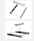 Tough As Nails Adjustable Cutting Machine Support Stand Made From Heavy Duty Stainless Steel With Foldable Table Saw Extension showing two angles.