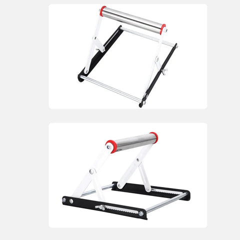 Tough As Nails Adjustable Cutting Machine Support Stand Made From Heavy Duty Stainless Steel With Foldable Table Saw Extension showing two angles.