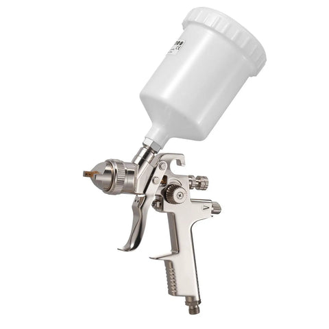 Heavy Duty Lvlp Air Spray Gun Featuring Gravity Feed Cup And Quick Swap Nozzles For A Hella Smooth Automotive And Wood Finish Includes Built In Pressure Regulator For No Fuss Shop Work, showing gravity feed cup and nozzle.
