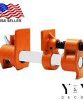 Close-up of half inch pipe clamps showing beefy cast iron body and high torque lead screw for woodworking clamping power.