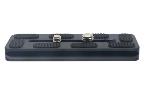 Side view of 100mm Arca-Swiss Quick Release Plate for Tripod Ball Heads with dual mounts, lightweight aviation aluminum, CNC precision build.