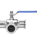 DERNORD 2 inch tri-clamp sanitary ball valve, stainless steel, blue lever, 3-way T-port, 2 inch tube OD