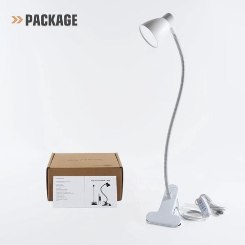 Clamp On Desk Lamp Clip On Reading Light With Adjustable Color Temperature From 3000K To 6500K shown with packaging